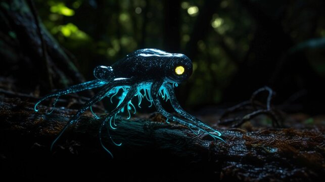 AI generated illustration of a mysterious extraterrestrial octopus in a serene forest setting