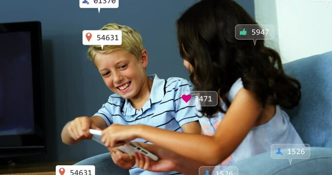 Animation of notification bars over diverse children trying to snatch digital tablet from each other