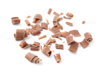 Many tasty chocolate shavings isolated on white