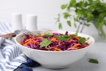 Tasty salad with red cabbage in bowl on light grey table, closeup