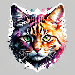 Flat design cat illustration. Abstract art. Monochromatic. Watercolor. Tribal. T- shirt print