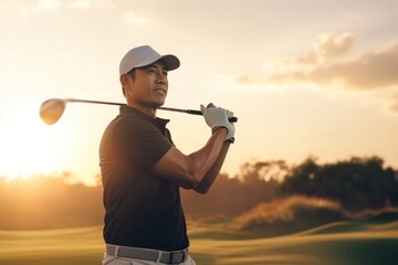 Asian Male Pro Golfer On Fairway Playing Golf At Dawn Generative AI - obrazy, fototapety, plakaty