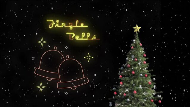 Animation of jingle bells text over christmas tree in winter scenery background