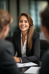 happy business woman meeting with financial law experts lawyers attorneys team thinking of risks. consultancy advisory services concept. generative AI
