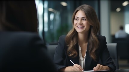 happy business woman meeting with financial law experts lawyers attorneys team thinking of risks. consultancy advisory services concept. generative AI
