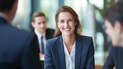 happy business woman meeting with financial law experts lawyers attorneys team thinking of risks. consultancy advisory services concept. generative AI
