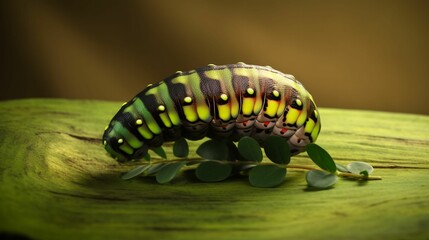 AI generated illustration of a caterpillar on a green plant leaf, its yellow eyes gazing outwards