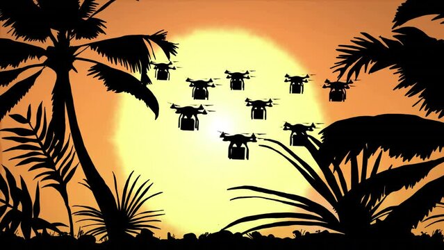 Animation of silhouette of palm trees and drones with boxes on brown background