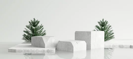Fotobehang White stone product display podium with water reflection and pine tree. Christmas concept. 3D rendering © nawapon