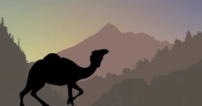 Animation of silhouette of camel over mountains on brown background