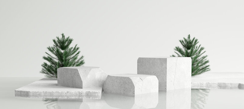 White stone product display podium with water reflection and pine tree. Christmas concept. 3D rendering