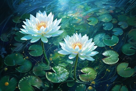 Picturesque pond with a group of white lotus flowers blooming in the center, AI-generated.