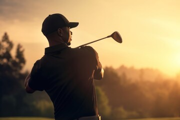 Black Male Golfer On Felt Playing Golf At Sunset Generative AI