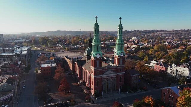 Mother of God Roman Catholic Diocese Church in Covington, Kentucky on a beautiful clear blue sky day.