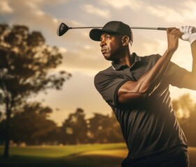 Black Male Pro Golfer On Fairway Playing Golf At Dusk Generative AI