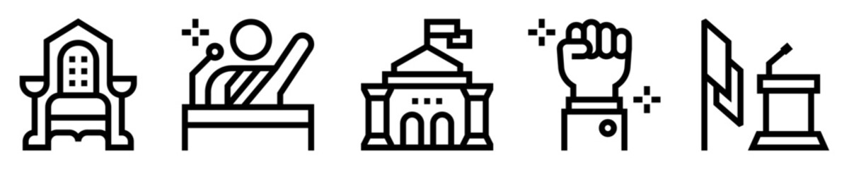 Conjunto de iconos de presidente. Gobierno y política. Silla presidencia, informe comunicativo, edificación, mano de apoyo, pódium. Ilustración vectorial