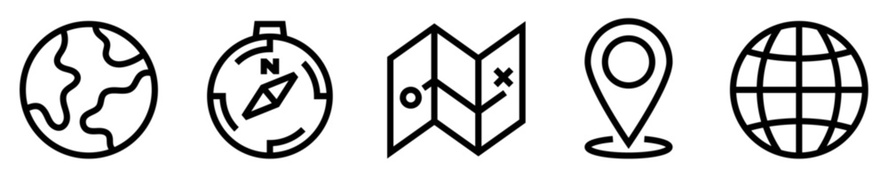 Conjunto de iconos de navegaci&oacute;n y mapas. Ubicaci&oacute;n y localizaci&oacute;n. Mapa mundial, br&uacute;jula, cartograf&iacute;a, gps, globo terr&aacute;queo. Ilustraci&oacute;n vectorial