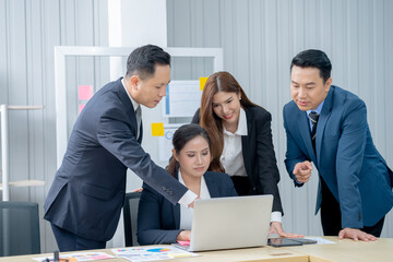 Office Conference Business Meeting Presentation: asian Business people group meeting Talks, Uses Wall TV to Show Company Growth with Big Data Analysis, Graphs, Charts, Infographics, e-Commerce Startup