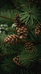 Evergreen tree branch with pine cones and lush foliage. AI-generated.