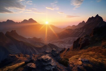 AI generated illustration of A stunning sunrise is seen over a majestic mountain range