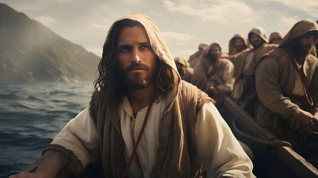 Jesus Christ is fishing with fishermen. Christian religious background