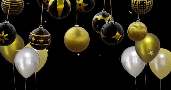 Animation of gold and silver balloons with baubles on black background