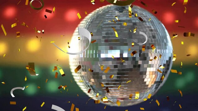 Animation of party streamers and mirror disco ball on rainbow background