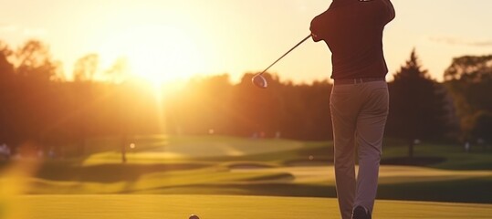 Caucasian Male Golf Tour Pro On Fairway Golfing At Sunset Generative AI