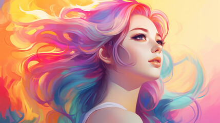 カラフルな髪をなびかせる女性のイラスト