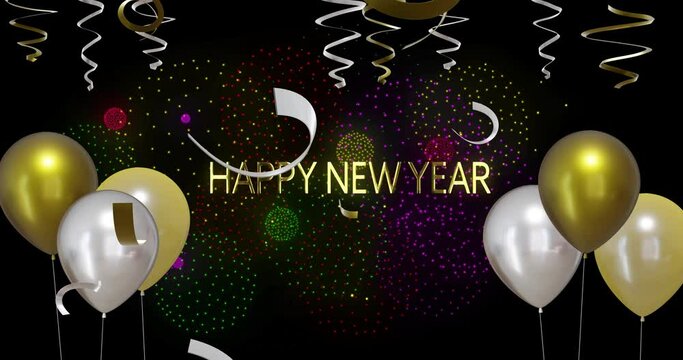 Animation of gold and silver balloons with happy new year text on black background