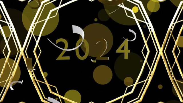 Animation of gold and silver balloons with stars on black background