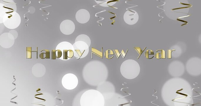 Animation of happy new year text, party streamers and confetti on grey background