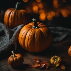 AI-generated illustration of An autumnal display of vibrant pumpkins arranged atop a wooden table