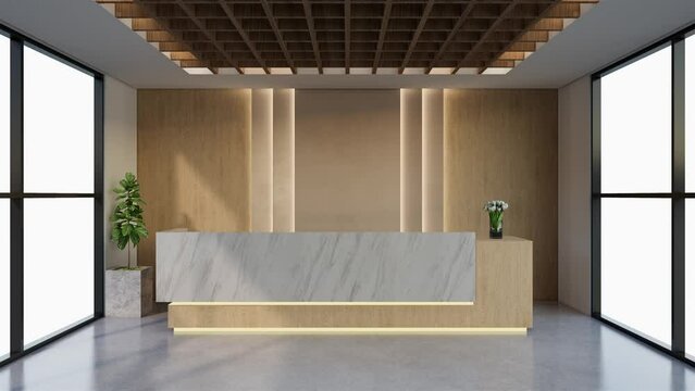 Interior Design animation contemporary and luxurious modern reception desk, 3D illustration rendering