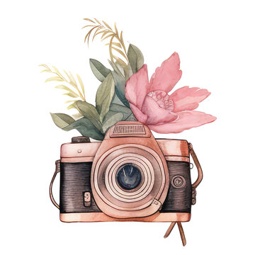 camera with flowers isolated on transparent background