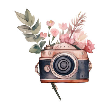 camera with flowers isolated on transparent background