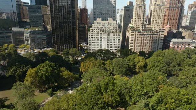 Central park with the Upper east side skyline background, in sunny NY - Aerial view