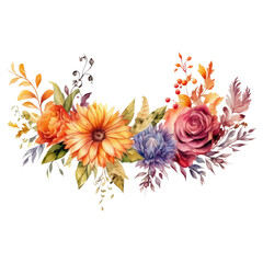 Autumn flowers watercolor frame isolated on transparent background