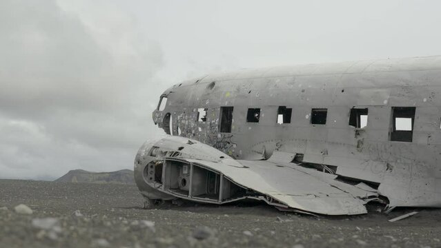 close-Up of plane wreckage Solheimasandur's black volcanic sand beach, Iceland