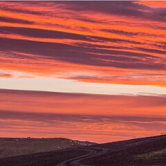 a red and pink sky over a dirt field, with small horse and trailer