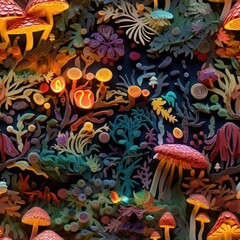 Fototapeta na wymiar AI generated illustration of various mushrooms and green plants