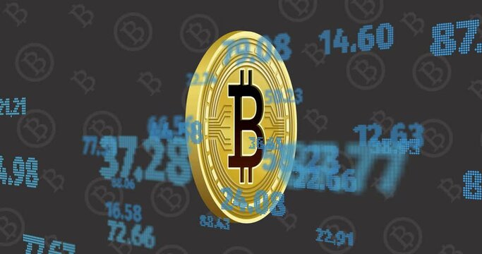 Animation of financial data processing over bitcoin symbols on grey background