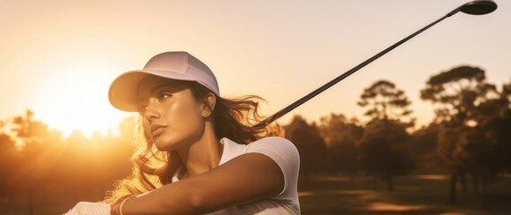 Fototapeta premium Hispanic Female Golf Tour Pro On Felt Golfing At Dusk Generative AI
