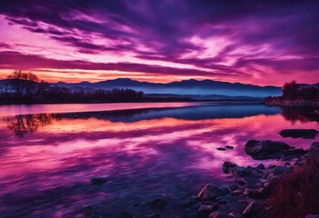 AI generated illustration of a tranquil lake reflecting a stunning purple sunset sky