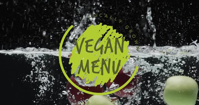 Animation of vegan menu text over fruit falling in water background
