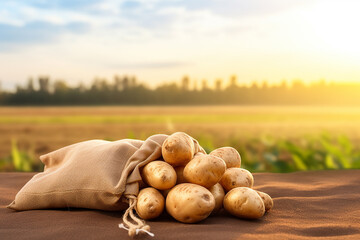 A pile of fresh potatoes and a raw brown cloth sack filled with potatoes harvested from a plantation farm placed on wood table. Generative AI. - obrazy, fototapety, plakaty