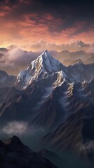 AI generated illustration of a mountain range silhouetted against a breathtaking sunset sky