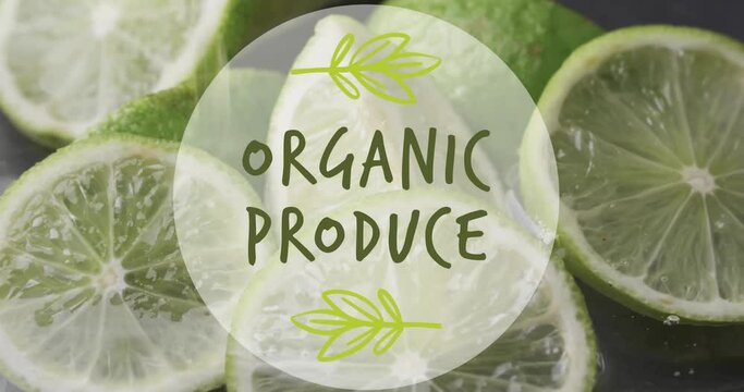 Animation of organic produce text over slices of lime falling in water background