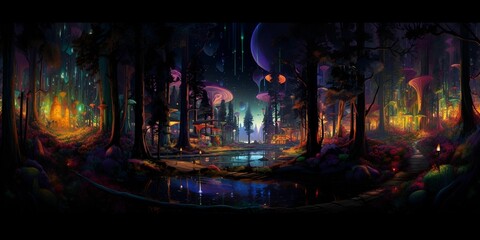 AI generated illustration of an illuminated cityscape at night, nestled in the deep woods