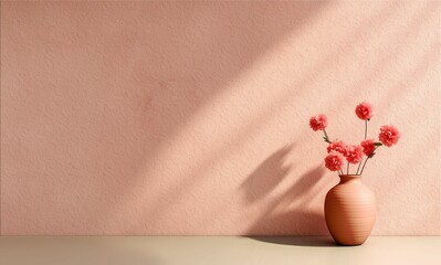 AI generated illustration of A pink vase filled with beautiful pink flowers isolated on a white wall